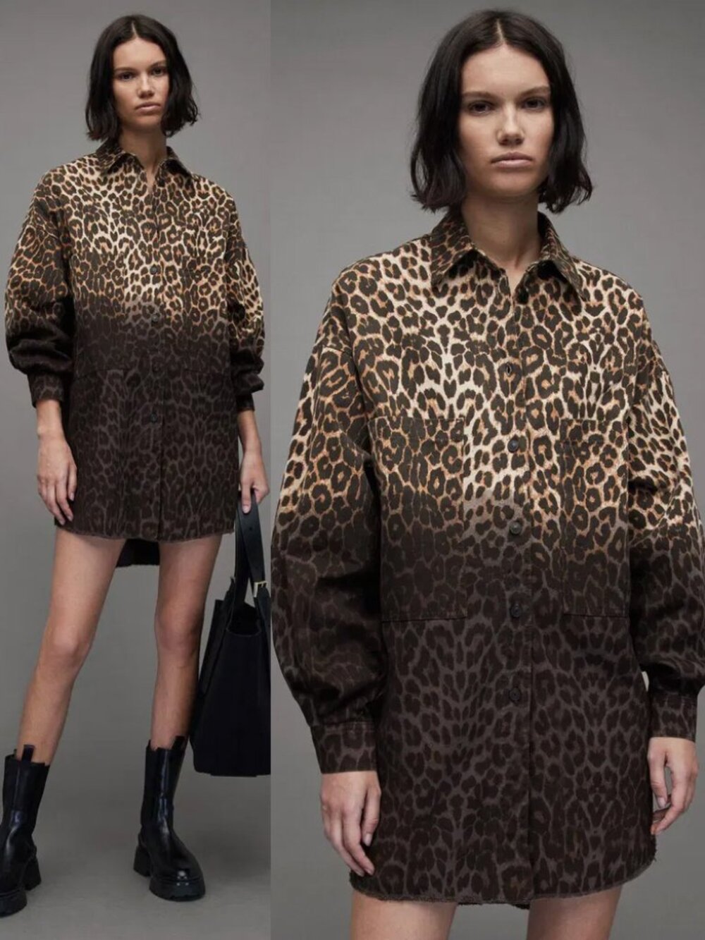 Allsaints Lily Leppo Shacket Dress XS Leopard Print Cotton Denim Designer $229